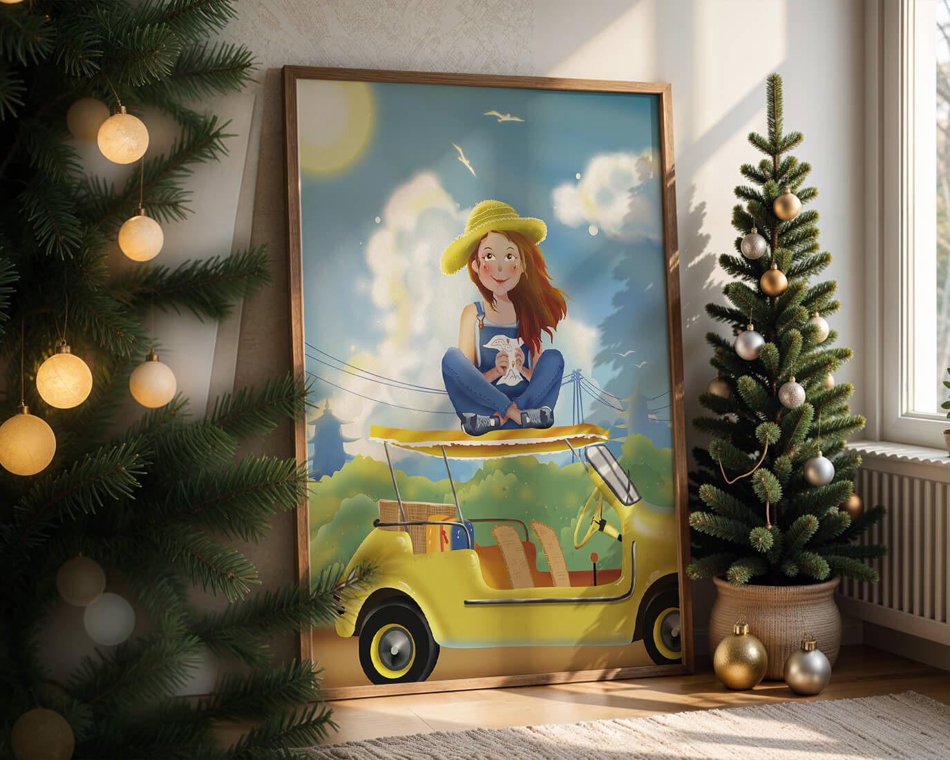 Young woman enjoying a sunny day sitting on a car roof amid lush greenery