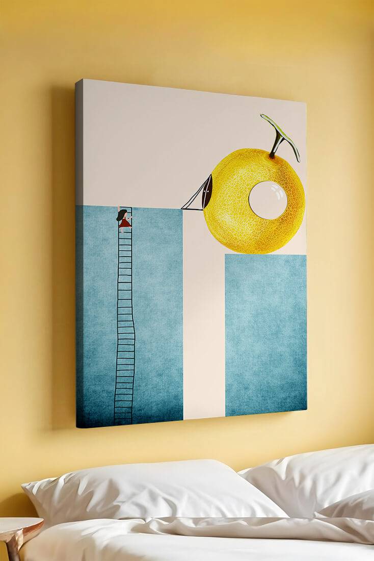 Woman Climbing Ladder towards Giant Yellow Fruit
