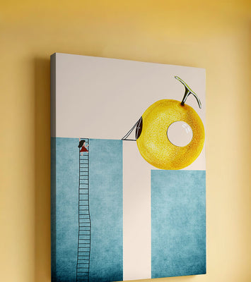 Woman Climbing Ladder towards Giant Yellow Fruit