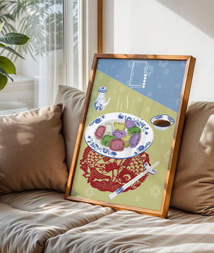 Colorful dumplings and tea set on decorative mat