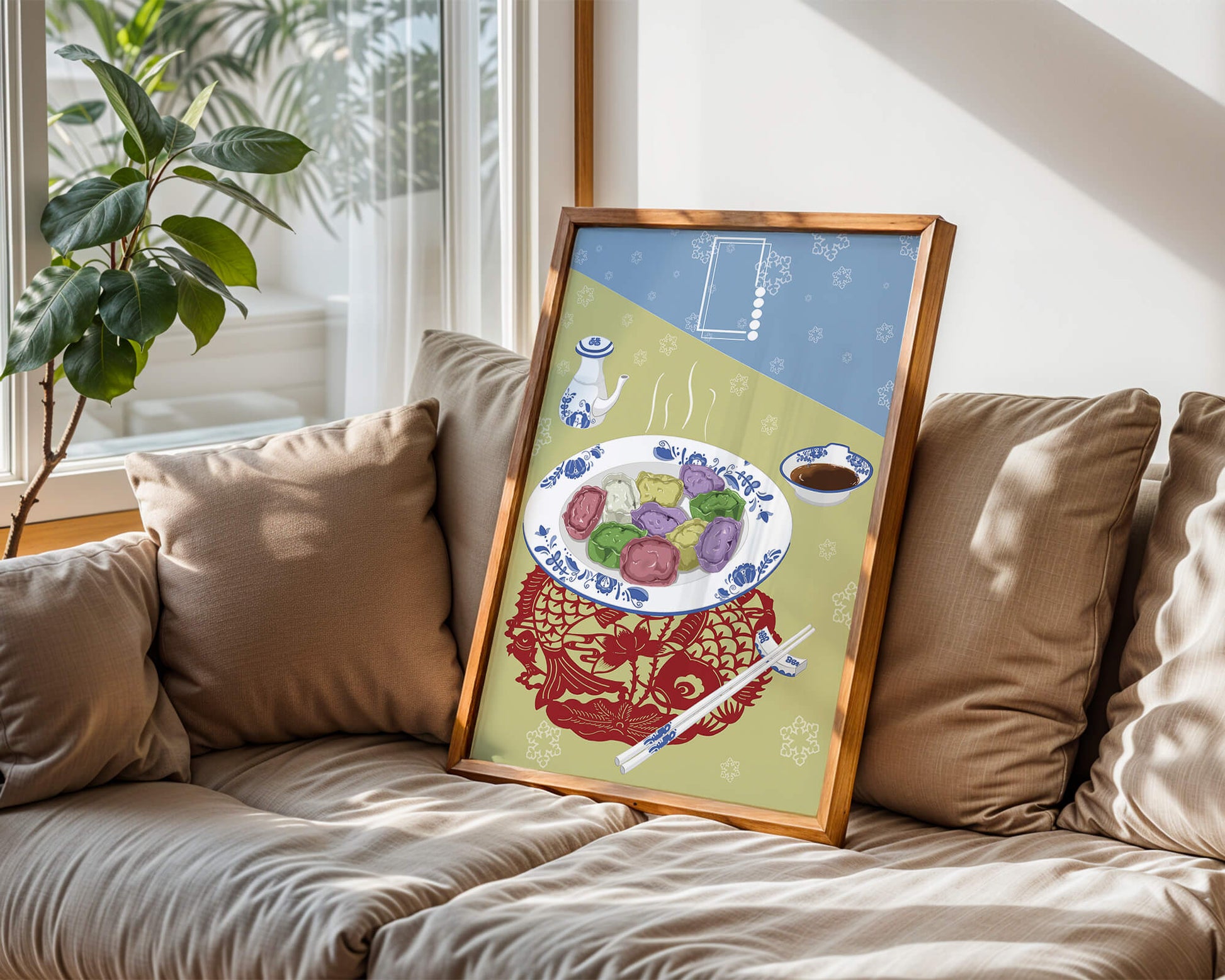 Colorful dumplings and tea set on decorative mat