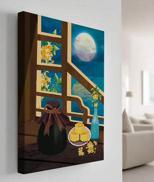 Noche iluminada por la luna con pasteles de luna y decoración floral sobre una mesa de madera