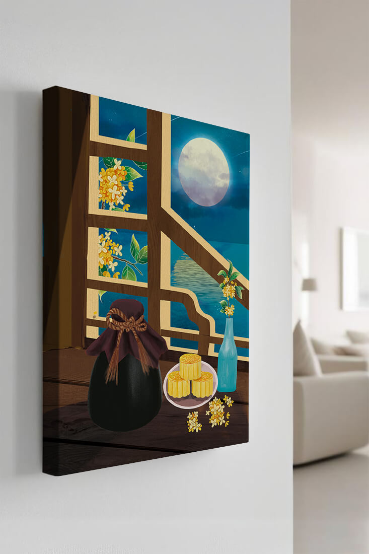 Noche iluminada por la luna con pasteles de luna y decoración floral sobre una mesa de madera
