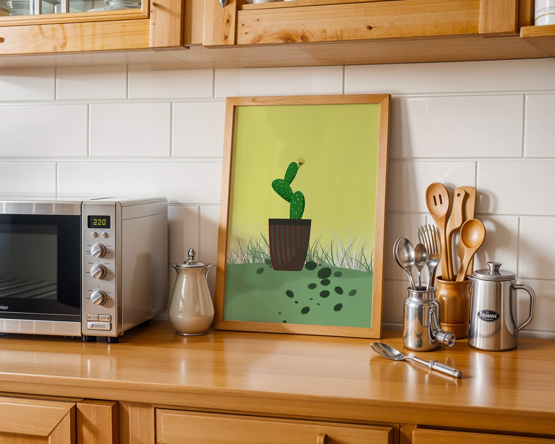 Illustration of a potted cactus with flower on soft background