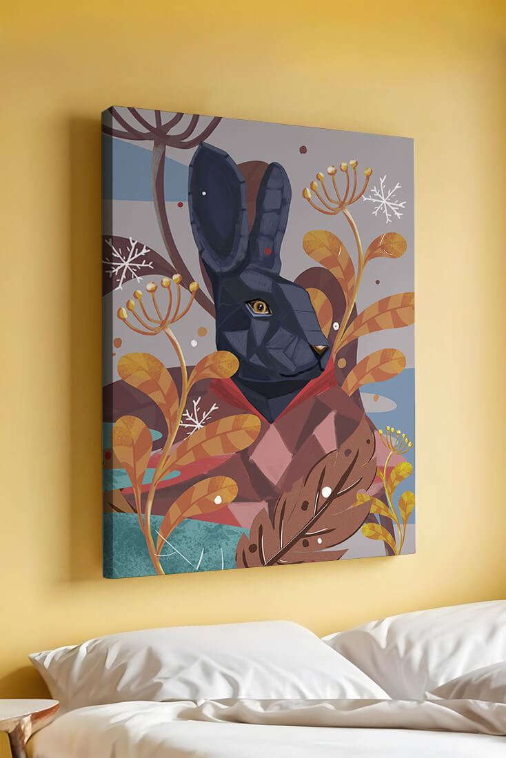 Abstract geometric rabbit in a vibrant autumn floral setting