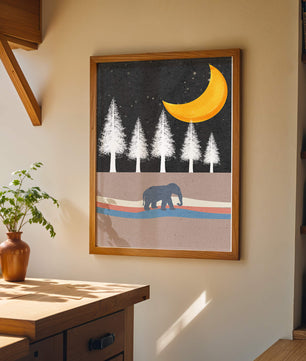 Serene Night Scene with Elephant Under Golden Moon in Forest - Mi tienda