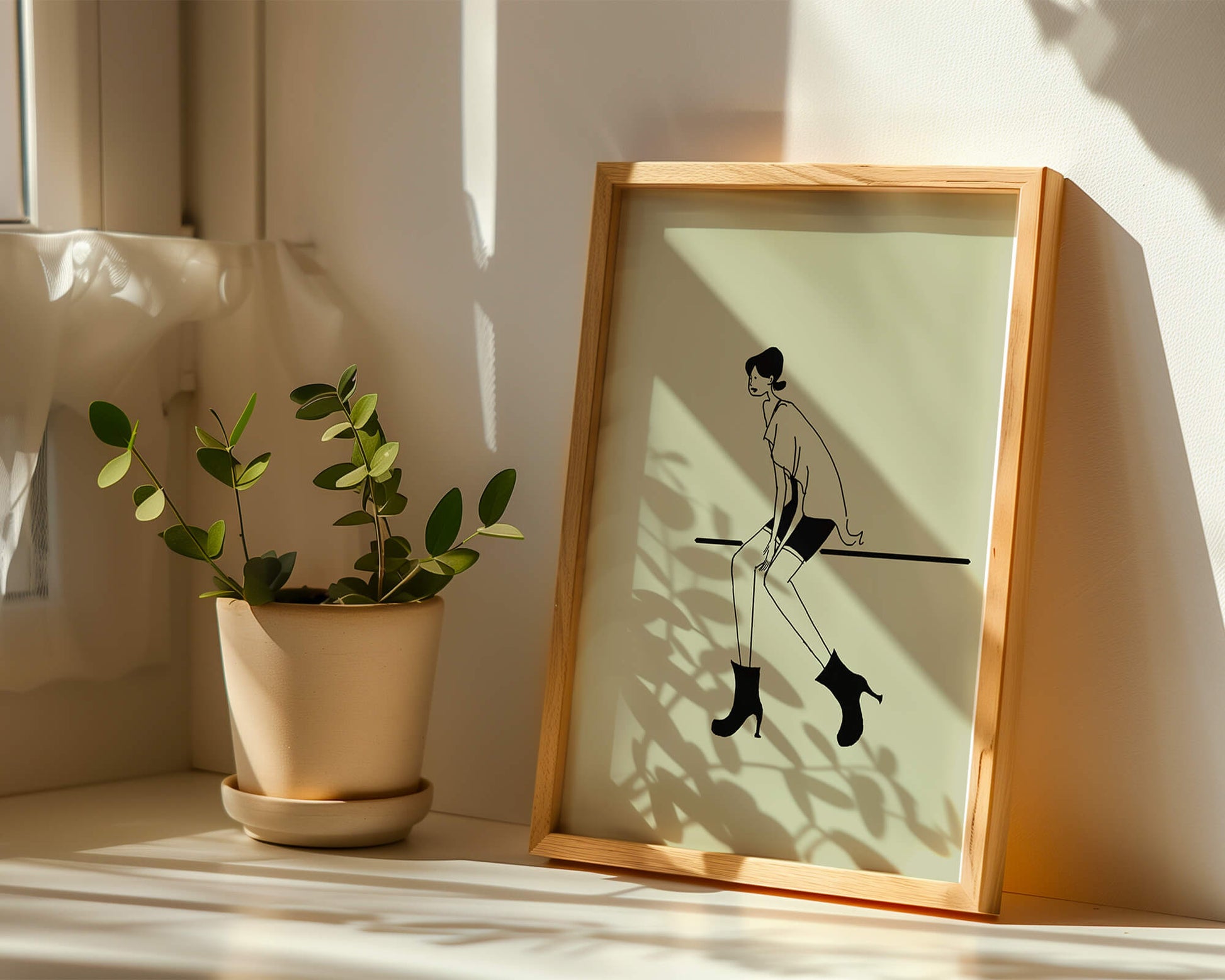 Schicke minimalistische Illustration einer sitzenden Frau in stylischen Stiefeln