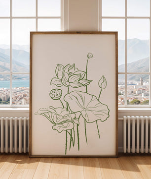 Botanische Illustration einer Lotusblume mit grüner Strichzeichnung auf weißem Hintergrund