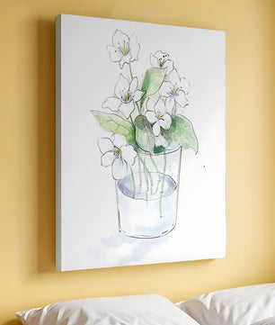 Delicadas flores blancas en una ilustración de jarrón de cristal