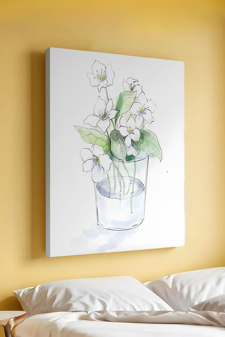 Delicate white flowers in a glass vase illustration