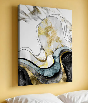 Arte abstracto con líneas fluidas y detalles dorados