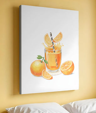 Illustration of a refreshing orange juice with fresh oranges and splash