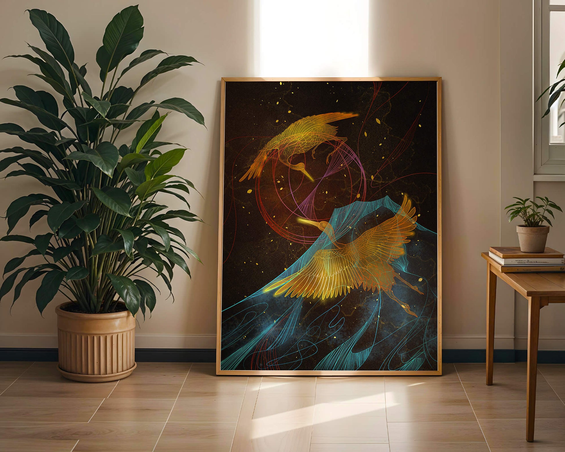 Elegant Cranes in Cosmic Dance with Golden and Blue Accents