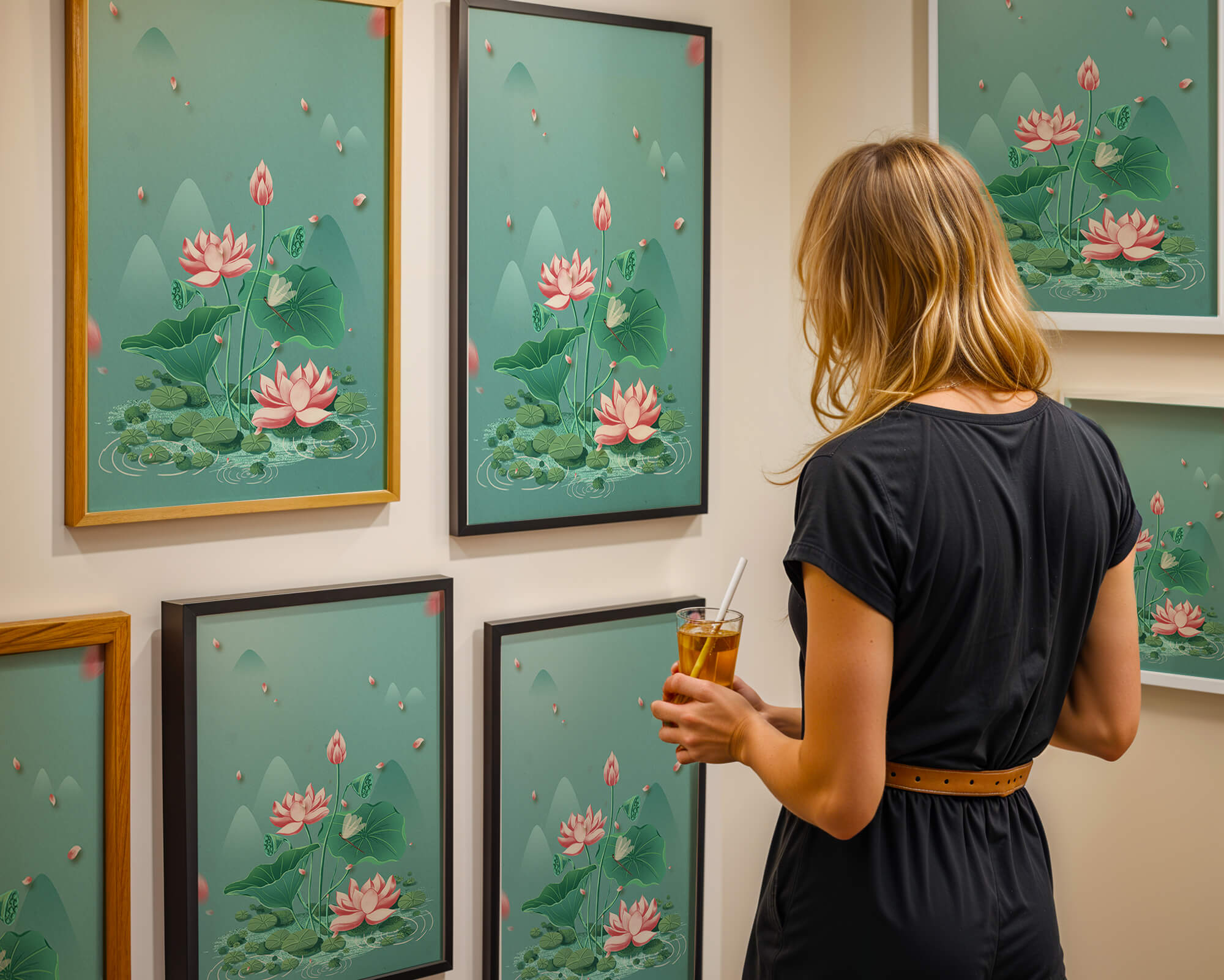 Serene illustration of lotus flowers in a tranquil pond setting with mountains