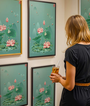 Illustration sereine de fleurs de lotus dans un étang paisible avec des montagnes