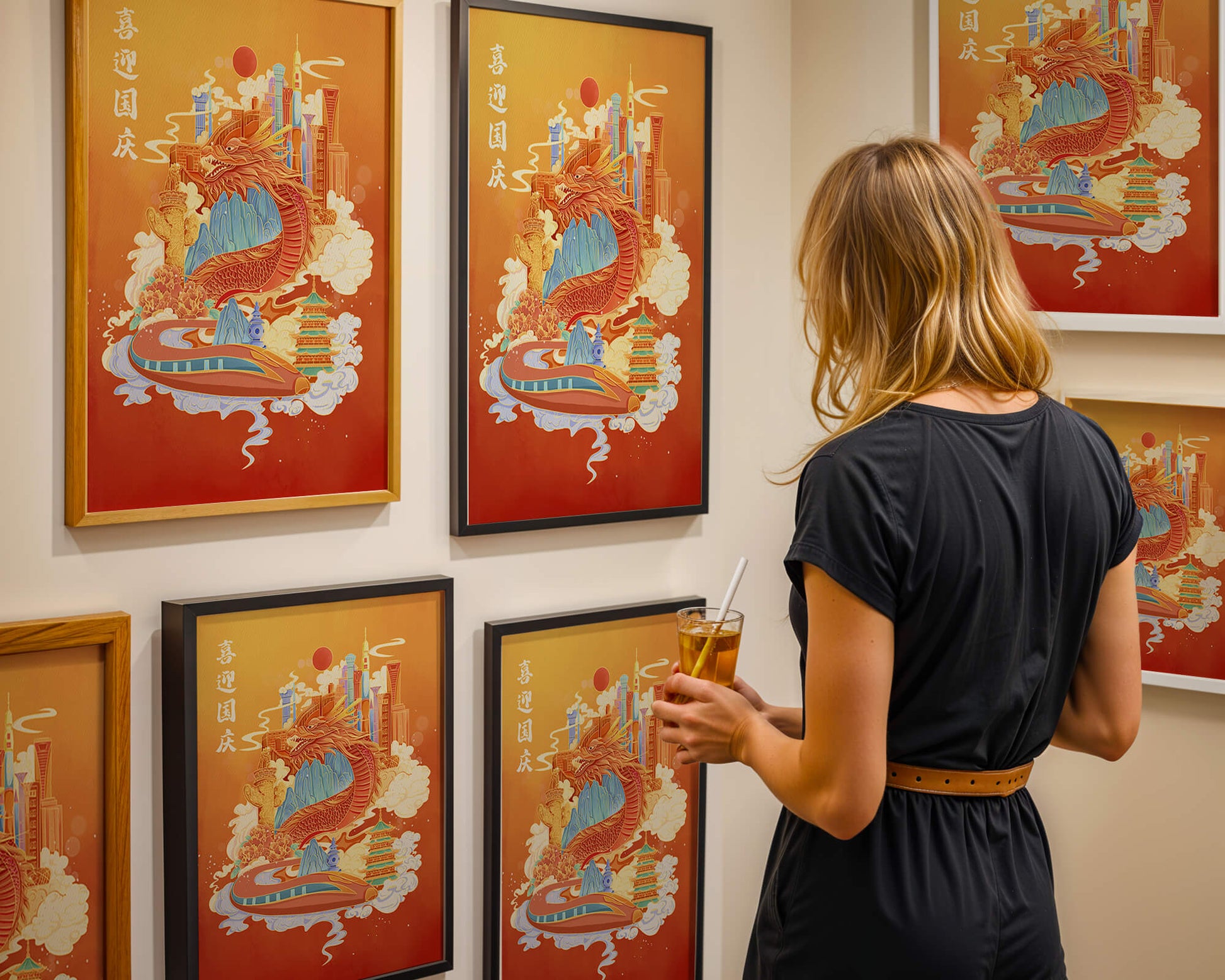 Colorful dragon and cityscape illustration with pagodas and mountains