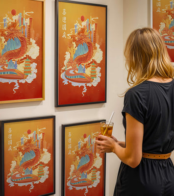 Colorful dragon and cityscape illustration with pagodas and mountains