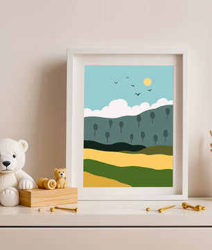 Minimalist Landscape with Hills and Sun