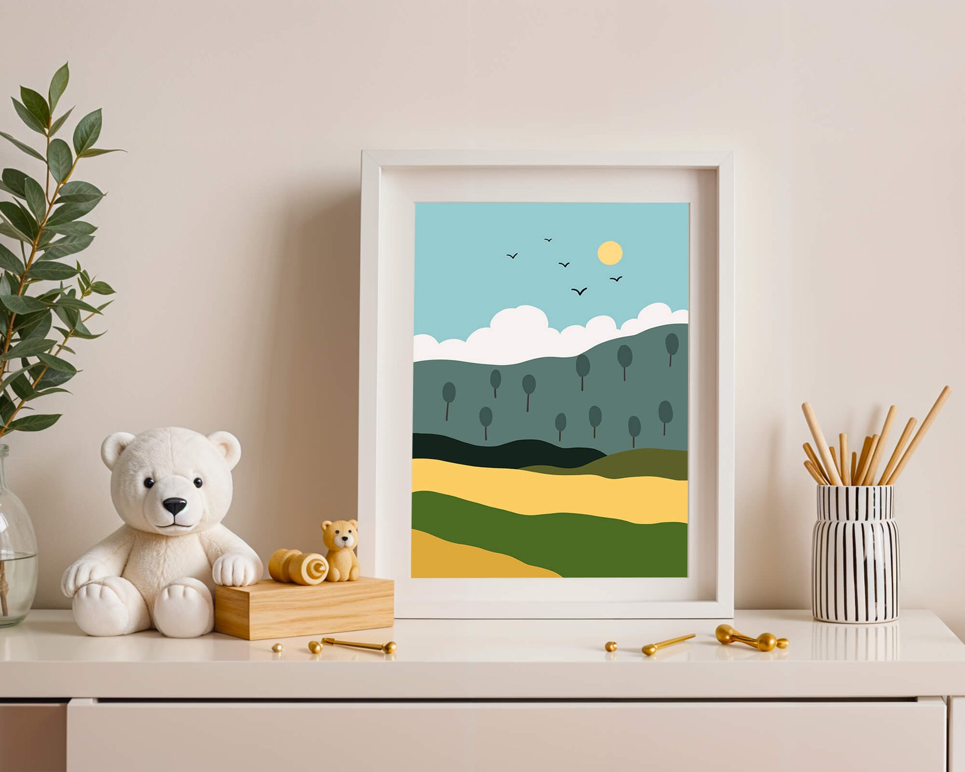 Minimalist Landscape with Hills and Sun