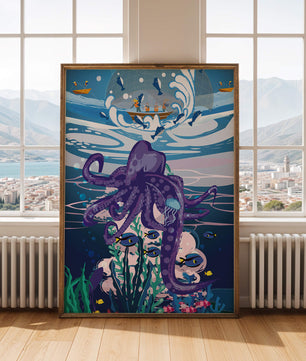 Colorful underwater scene with octopus and fishing boat above