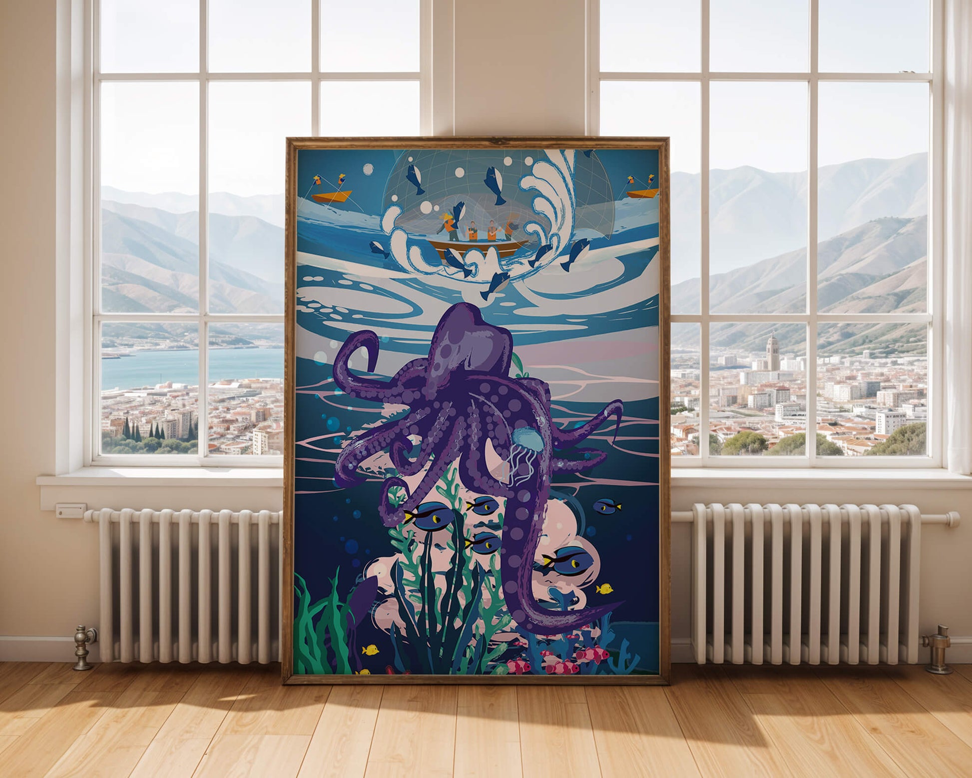 Colorful underwater scene with octopus and fishing boat above