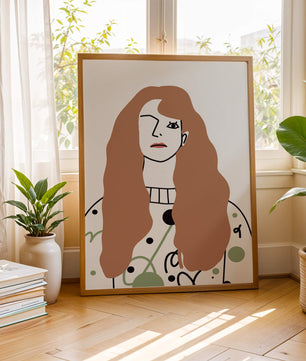 Minimalist Portrait of a Woman with Long Hair and Abstract Design Elements - Mi tienda