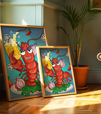 Playful cartoon lobster holding a beer in a whimsical setting