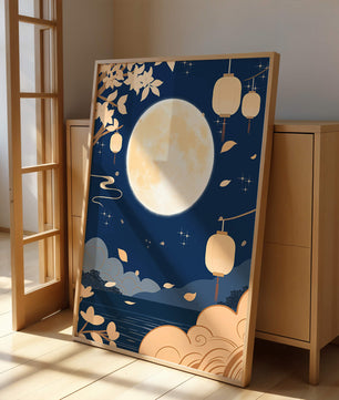 Full Moon Night with Lanterns and Falling Leaves in Tranquil Landscape