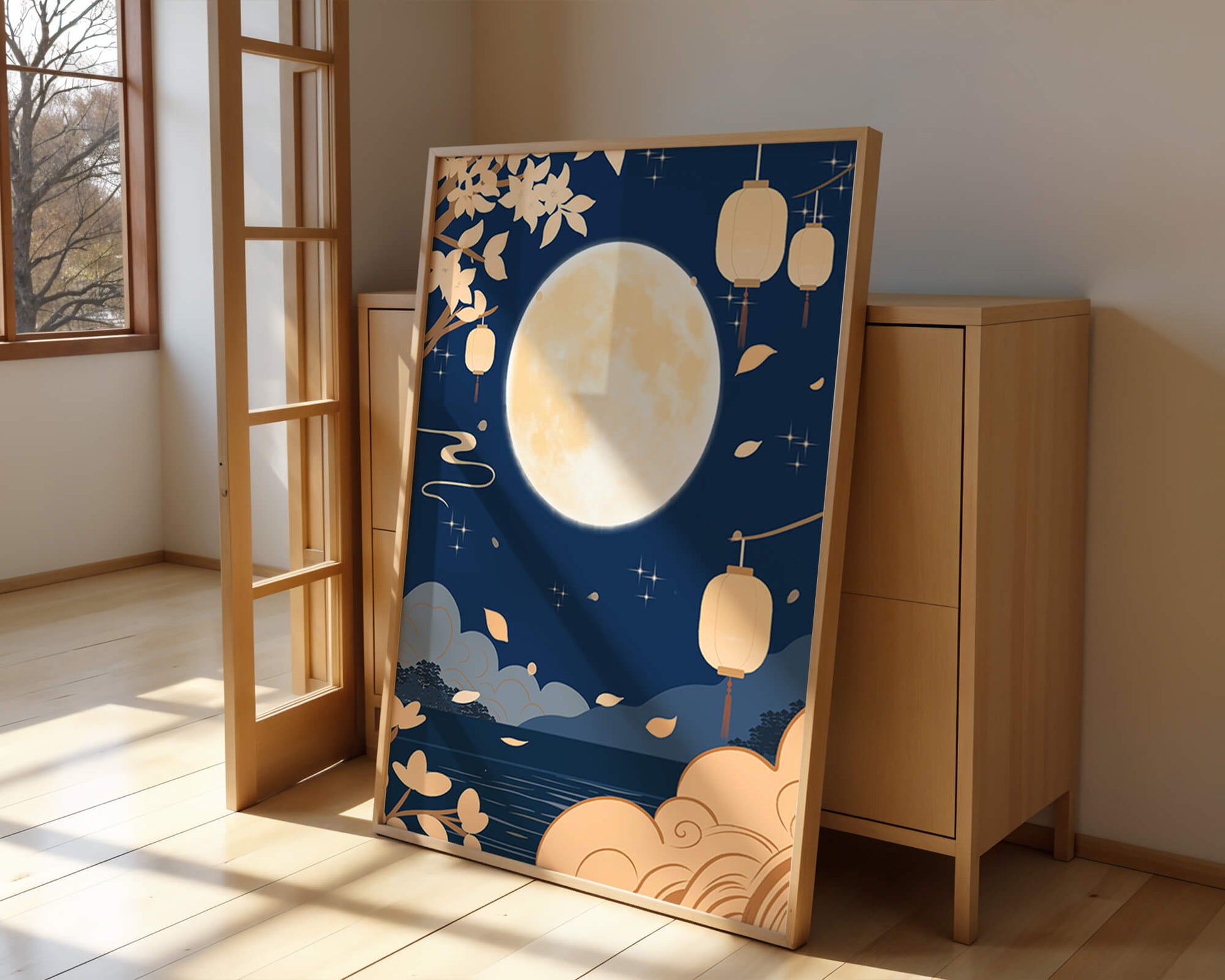 Full Moon Night with Lanterns and Falling Leaves in Tranquil Landscape