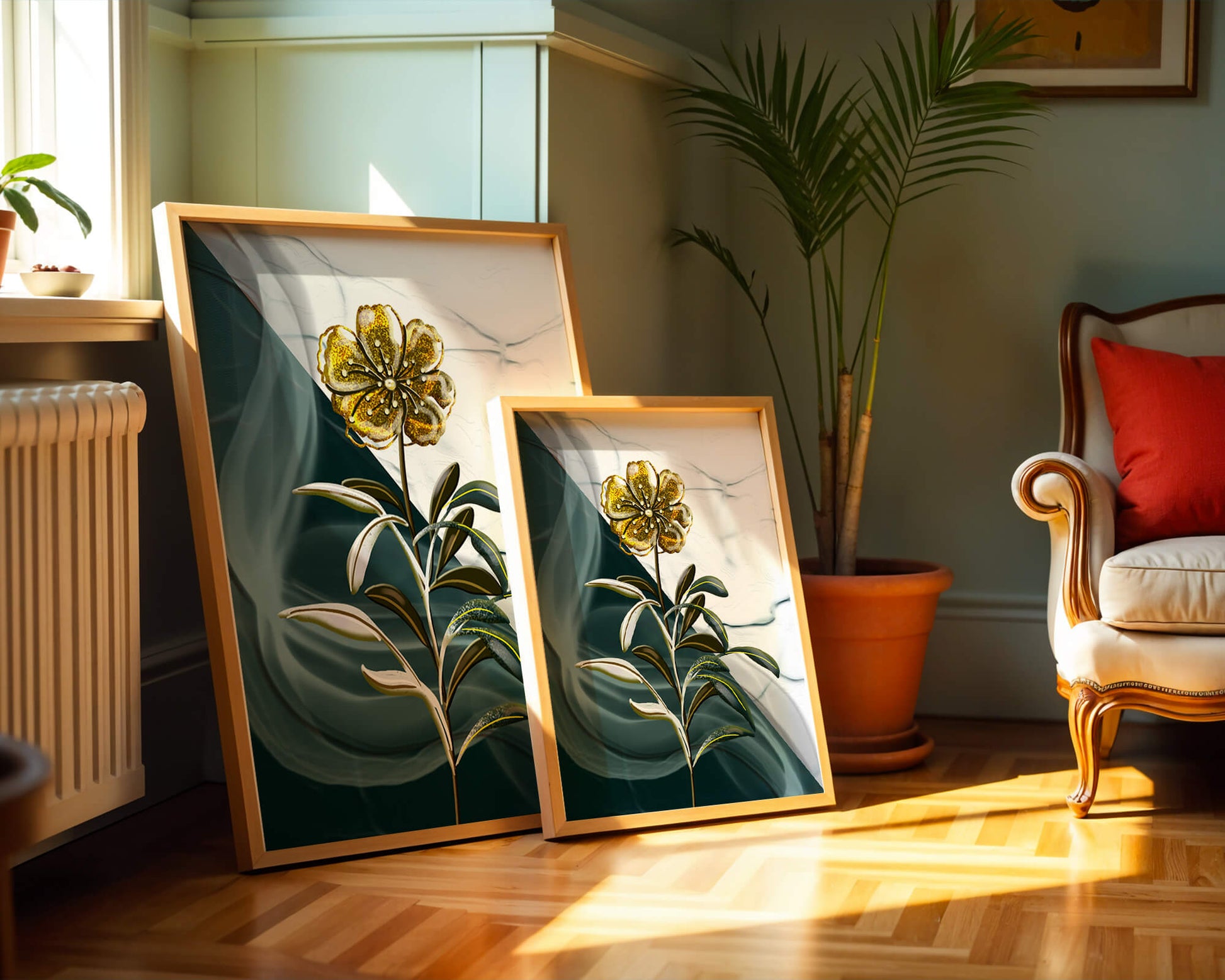 Elegant floral design with gold accents on abstract background