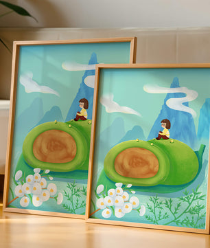Serene Landscape with Child Sitting on Giant Leaf in Mountainous Fantasy Setting