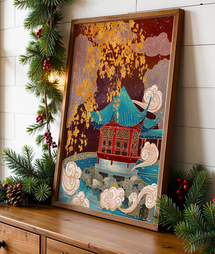 Traditional Chinese Pavilion with Gold Leaves and Clouds