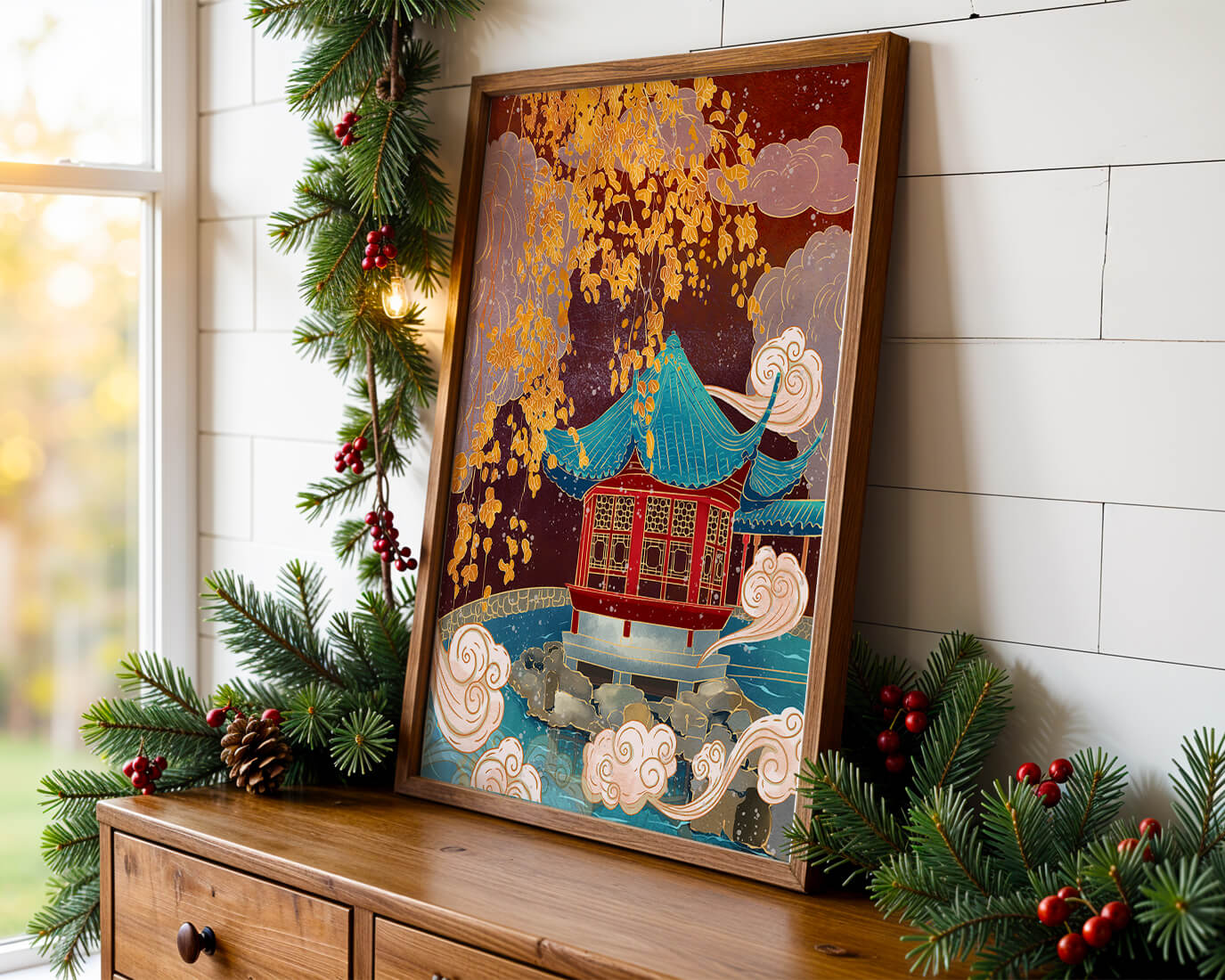 Pabellón chino tradicional con hojas doradas y nubes