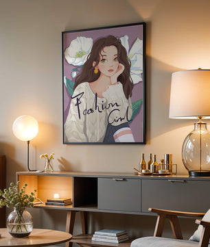 Illustrated fashion girl with floral background and purple theme
