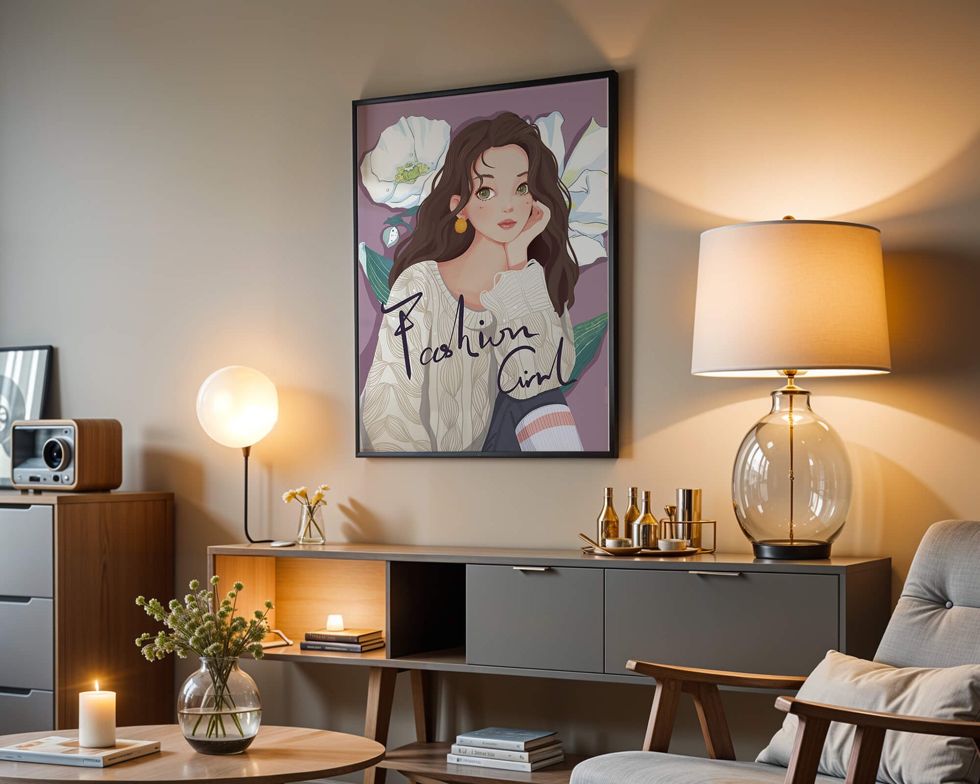 Illustrated fashion girl with floral background and purple theme