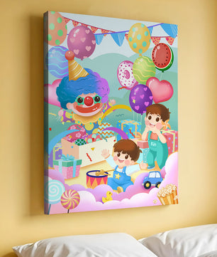 Colorful clown-themed children's party with balloons and toys