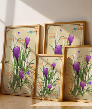 Elegant Crocus Flowers with Butterflies in a Delicate Frame
