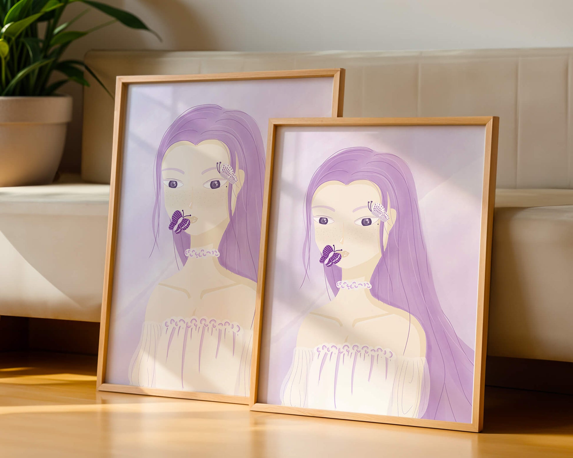 Illustration of a woman with purple hair and butterflies