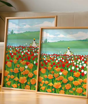 Woman with bicycle in vibrant tulip field by a lake