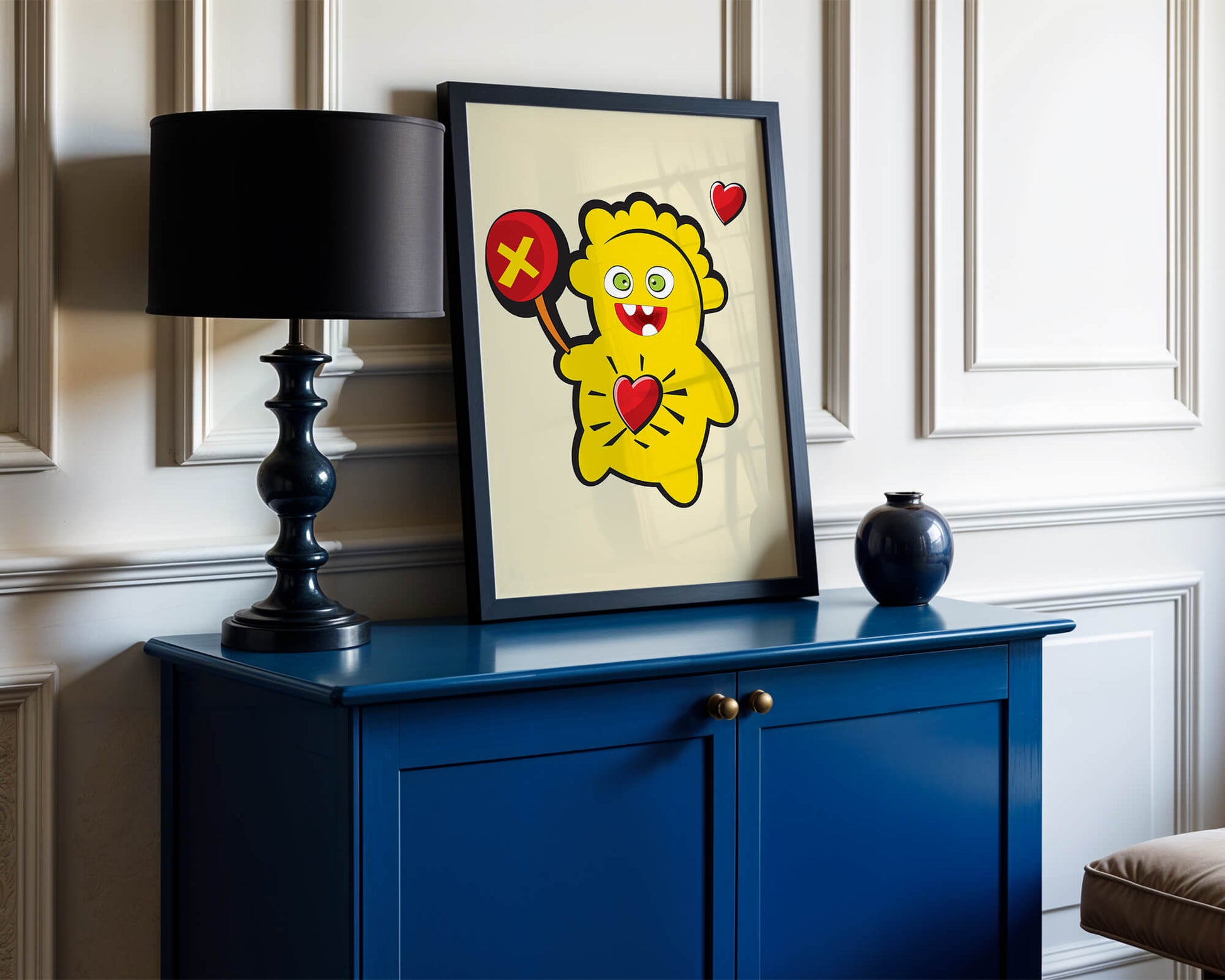 Colorful cartoon character with heart and playful design
