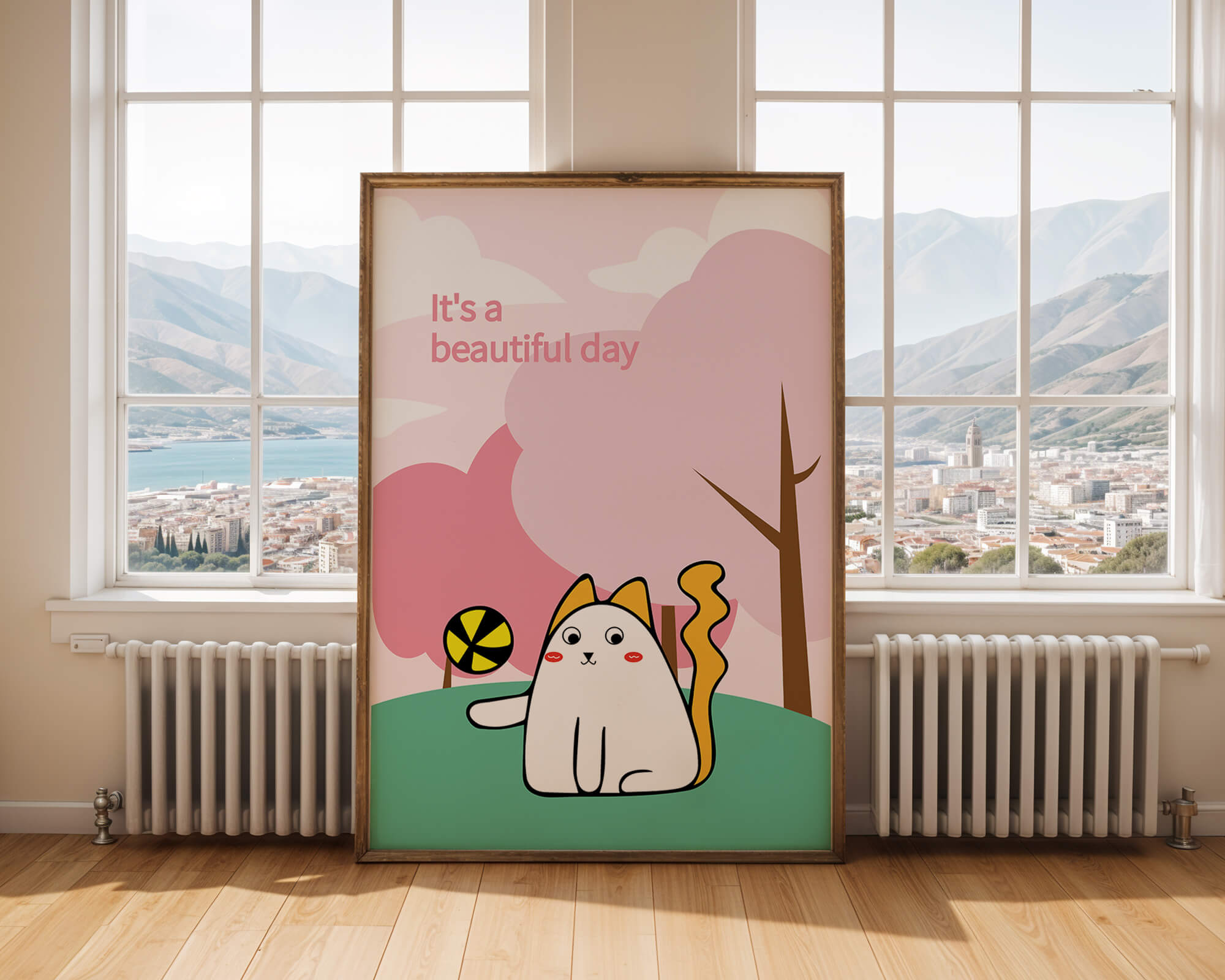 Charming cat illustration in a playful park scene with trees and clouds