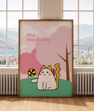 Illustration charmante de chat dans une scène de parc ludique avec des arbres et des nuages.