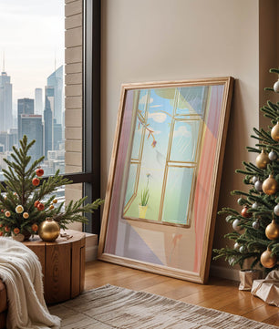 Tranquil open window with floral view and gentle sunlight