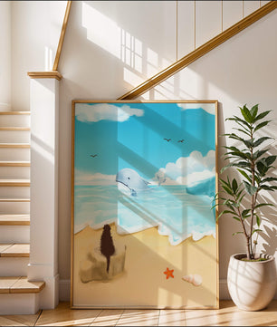 Meeresblick mit Wal und Elemente am Strand