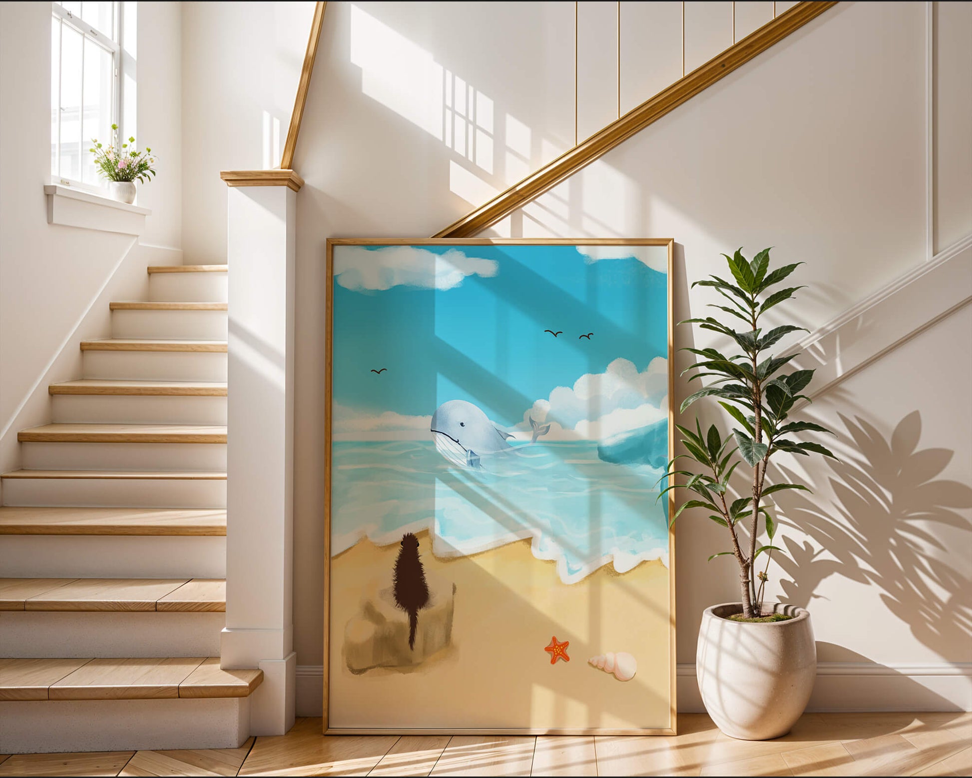 Vista al océano con ballena y elementos de playa