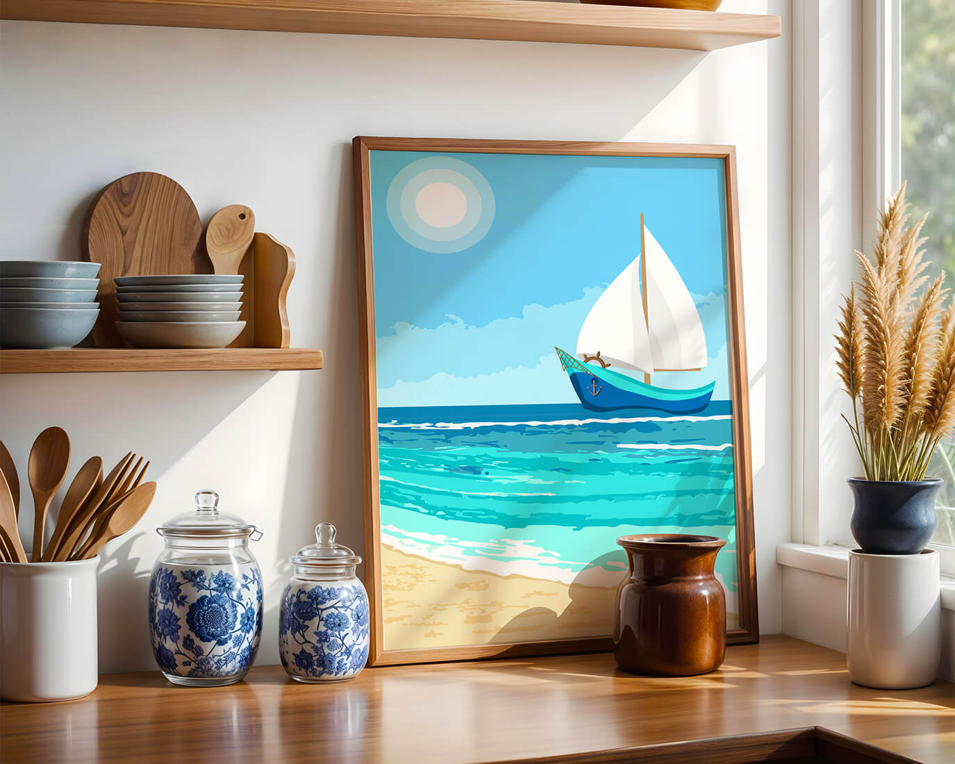 Serene ocean scenery with sailboat under the sun