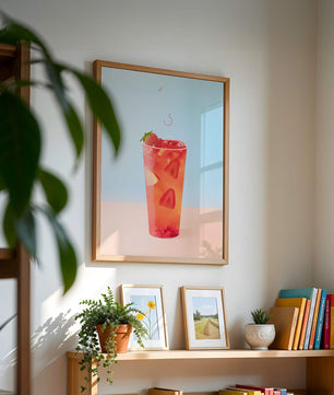 Refrescante bebida de fresa con rodajas flotantes sobre un fondo pastel