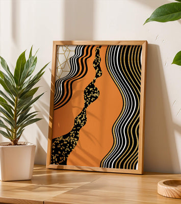 Artistic abstract design with wavy black lines and golden accents