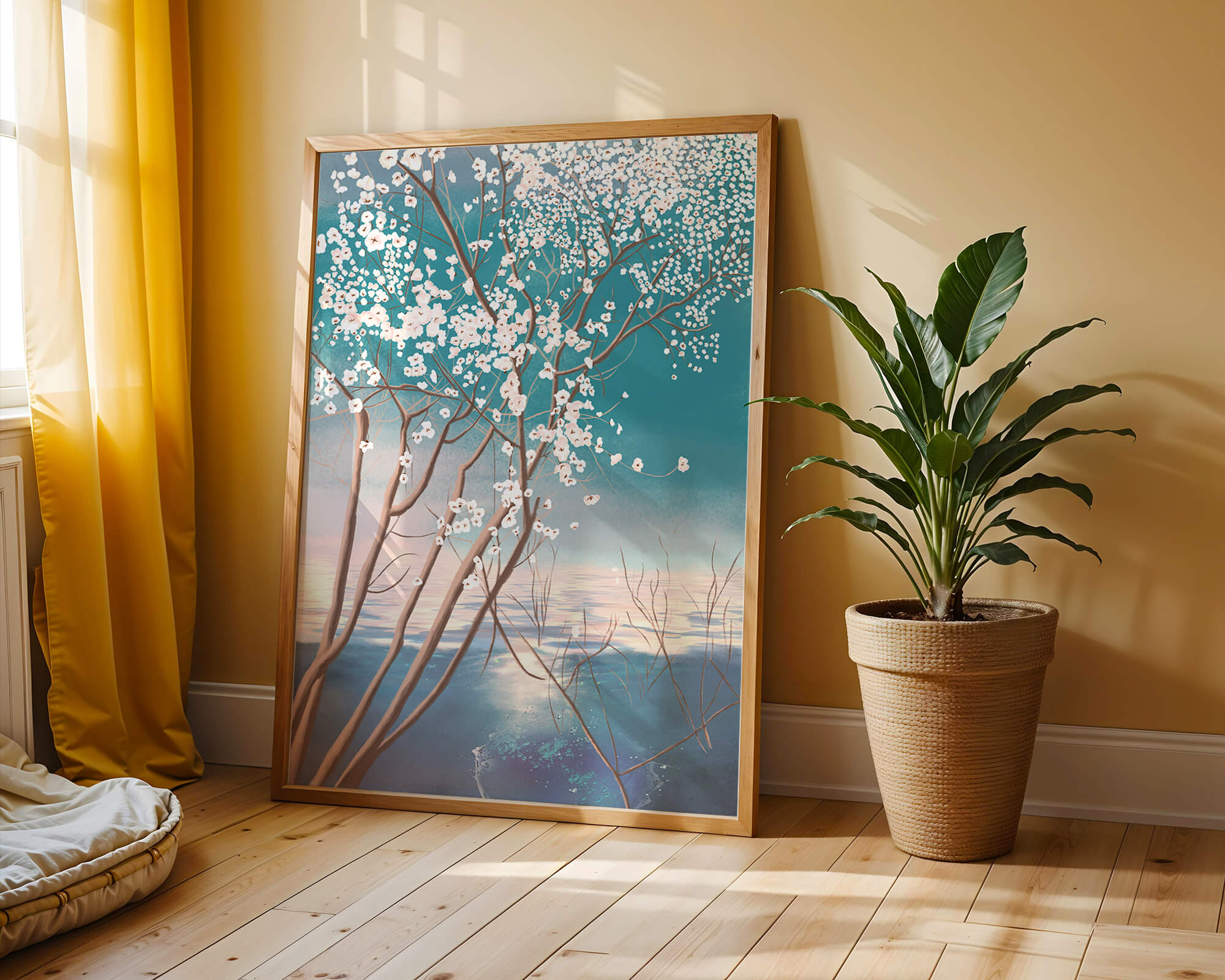 Serene landscape with blossoming tree over calm water reflection