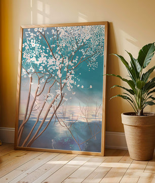 Paisaje sereno con árbol en flor sobre la reflexión del agua tranquila